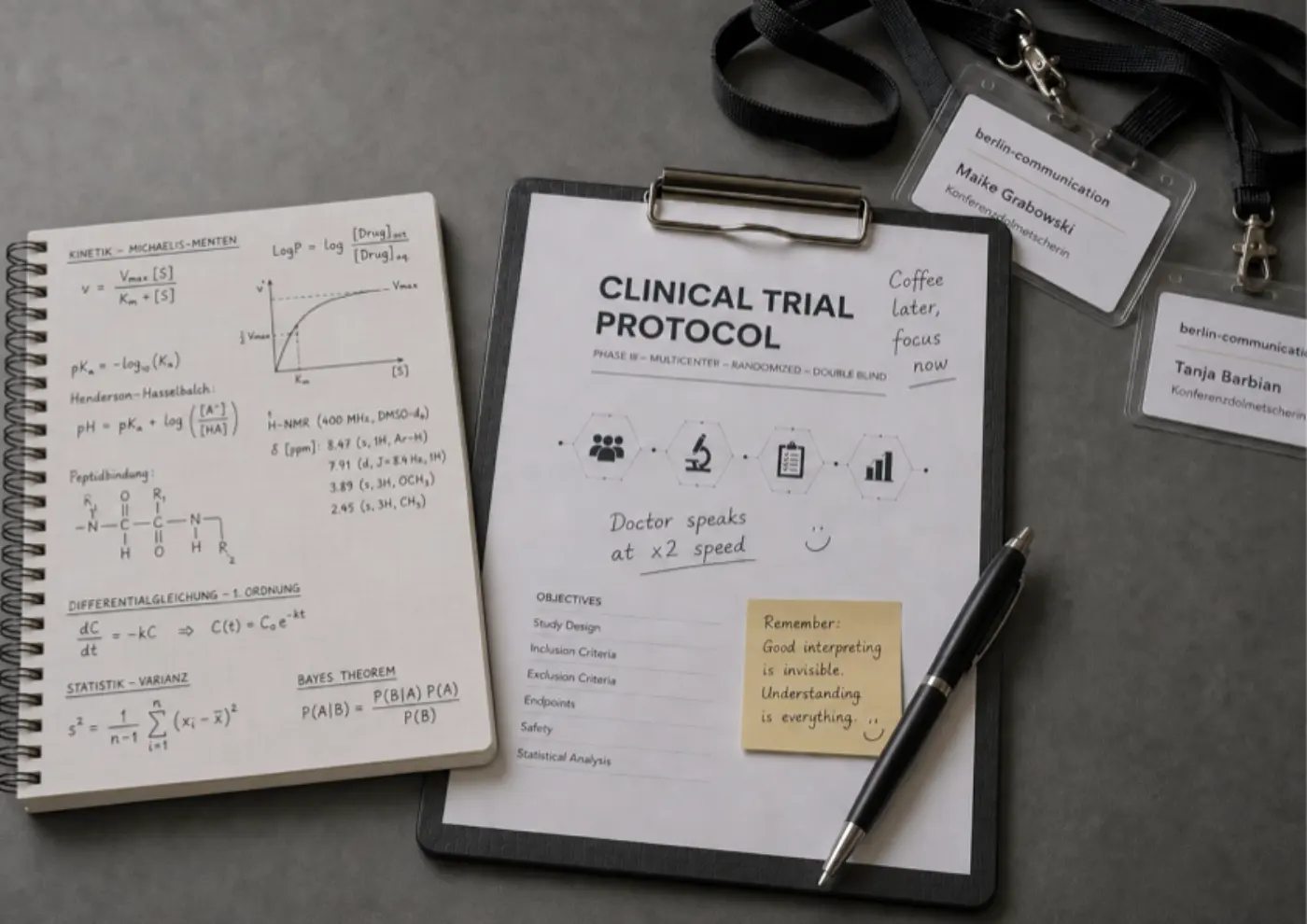 Medizinische Formeln, Fachliteratur und Notizen zu Clinical Research auf einem Arbeitstisch