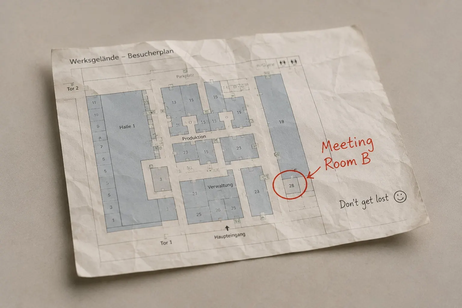 Zerknitterter Besucherplan eines Werksgeländes, auf dem ein Besprechungsraum handschriftlich rot eingekreist ist